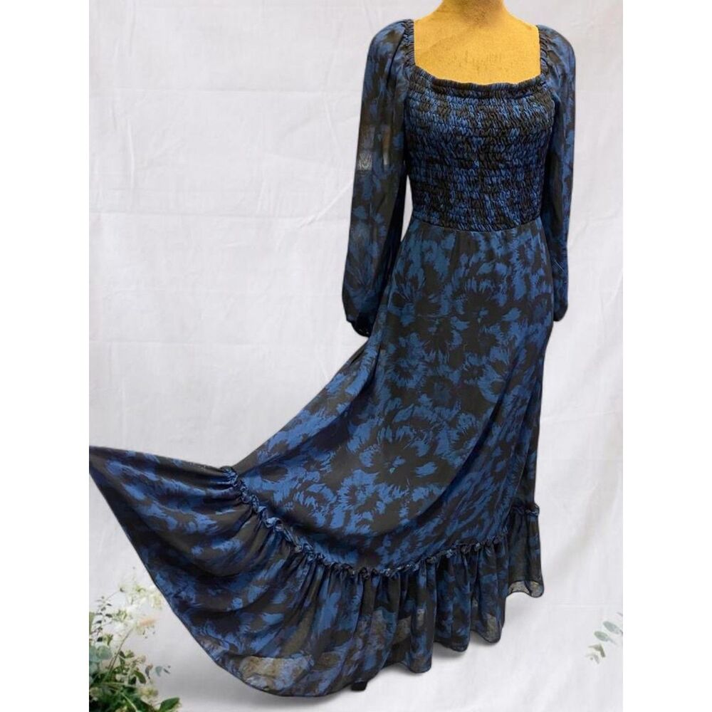 Bohemian Cottagecore Feminine Romantic Black Blue Floral Long Sleeve Maxi Dress